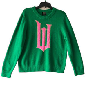 Wicked Women’s Green Crewneck Sweater Pink “W” Logo Small Broadway Collection